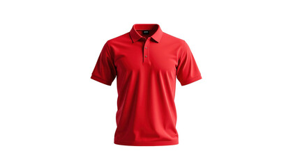 Polo shirt in a vibrant red hue stands prominently against a deep black background, showcasing its design with a button-up placket and short sleeves.
