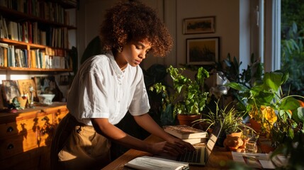 Woman working at home desk.
