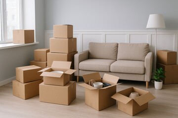 Modern home relocation unfolds, showcasing neatly stacked cardboard boxes and a comfortable beige sofa in a bright, minimalist living room