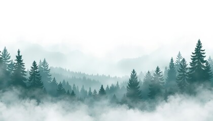 Misty forest landscape with evergreen trees in soft green tones  