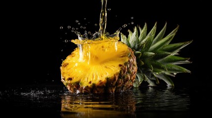 Refreshing pineapple slice with water splash on a black background