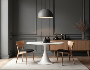 Stylish dining space features round marble table, wooden chairs. Elegant decor includes pendant lamp vases add warmth. Neutral color palette creates calm atmosphere perfect for family meals dinner