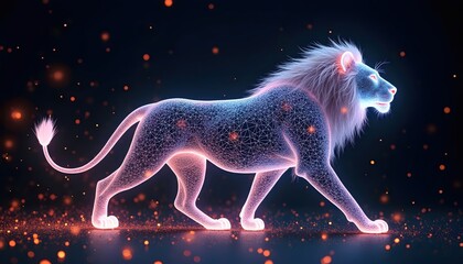 Digital Neon Lion Disintegrating Into Thousands Of Radiant Glowing Particles