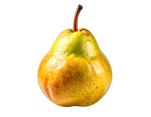 Ripe pear showcases a spectrum of colors from green to yellow and red-brown, with a textured surface and a brown stem, presented against a solid black backdrop emphasizing its form and highlighting...