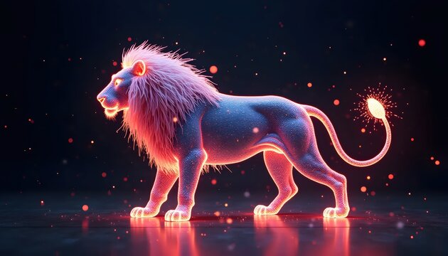 Futuristic Wireframe Lion Breaking Apart Into Colorful Light Fragments