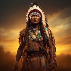 Fototapeta premium Dramatic cinematic portrait of Native American warrior in traditional attire with feather headdress against golden sunset