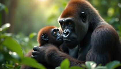 Mother gorilla gently grooms her baby. Young primate nestles close to parent. Gentle bonding moment in lush green jungle habitat. Wild animal family interaction captured.