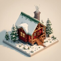 Isometric Cabin in Winter Snow. Cozy Christmas Home with a Chimney
