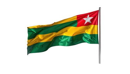 Vividly colored flag featuring horizontal stripes of green and yellow, accompanied by a red canton with a white star, gracefully waving on a white pole against a solid black background, showing...