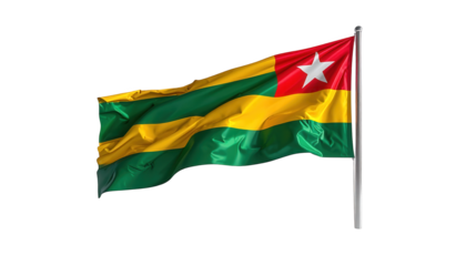 Vividly colored flag featuring horizontal stripes of green and yellow, accompanied by a red canton with a white star, gracefully waving on a white pole against a solid black background, showing...