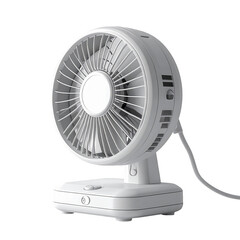 Clean, modern desk fan, showcased against a stark black background, exhibits a bright white color scheme, highlighting its smooth lines and functional design while offering a minimalist aesthetic...