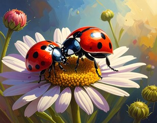Obraz premium Two Ladybugs on a Daisy Flower in a Colorful Artistic Botanical Setting