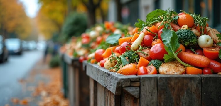 Overflowing wooden bins on city street full of spoiled vegetables and fruits. Autumn leaves on pavement show seasonal food waste problem. Urban disposal issue.