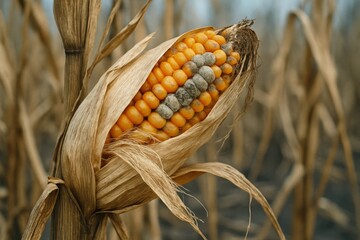 Severely drought-impacted corn cob features vibrant orange kernels interspersed with gray mold, depicting agricultural struggles and significant crop failure