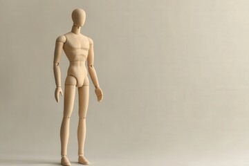 Light beige wooden mannequin figure in setting.