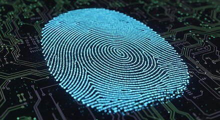 Ultra highresolution, professional studio photography of glowing blue fingerprint on a digital circuit board, biometric security concept