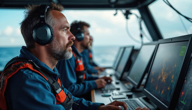 Maritime crew works in ship control room using computers. Men wear headphones, monitor navigation data, digital maps on screens. Use modern tech for quick decisions on ocean. Focused team guides