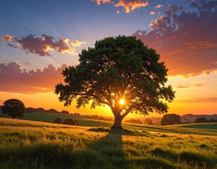 Stunning Sunset View: A Majestic Tree Silhouetted Against a Vibrant Sky