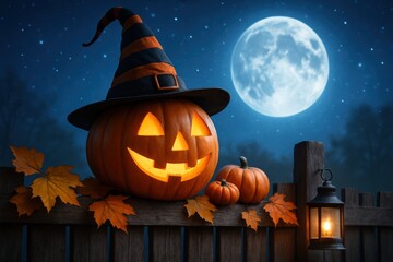Smiling Jack-o'-lantern wearing a festive witch hat glows brightly on a rustic fence, creating a magical Halloween night under a stunning full moon