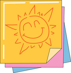 Hand Drawn Happy Sun Doodle on Colorful Sticky Notes Stack Post It Memo Cheerful Mood