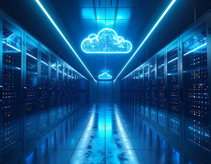 Futuristic Data Center with Cloud Symbol Innovative Technology and Digital Transformation