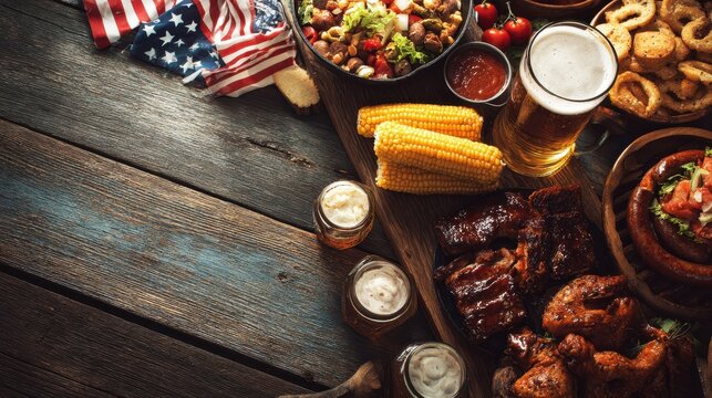 July 4th Beer. American Independence Day Food Celebration with BBQ Menu on Festive Table