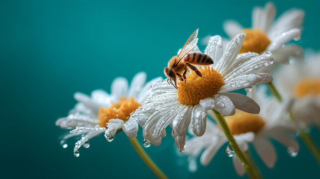 Macro photography of a bee pollinating fresh white daisies with glistening dewdrops, set against a smooth teal background