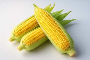 Vibrant yellow kernels of fresh corn trio shine against a clean white background, highlighting healthy natural produce perfect for delicious summer harvest meals