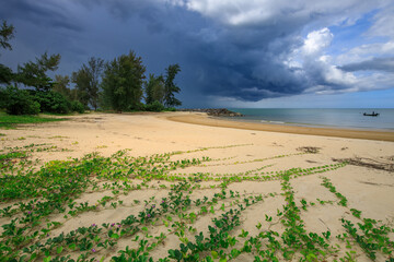Beach with a cloudy sky and a boat in the water