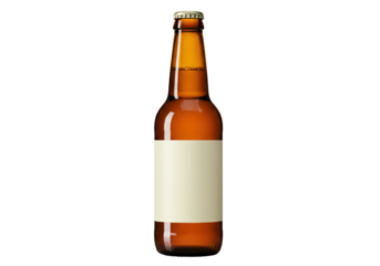 Isolated brown beer bottle with blank label ready for branding in a studio shot, no background