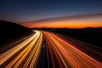 Long exposure photograph of a highway at twilight, with light trails