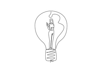 Single one line drawing a woman in casual clothes with gestures got an idea in lightbulb. The power of thinking gives creativity. National Creativity Day. Continuous line design graphic illustration