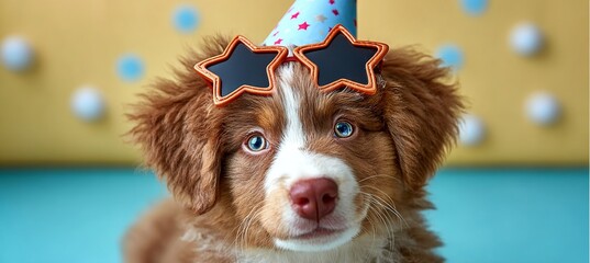 Cute puppy in blue party hat and star sunglasses joyfully celebrating a fun birthday party