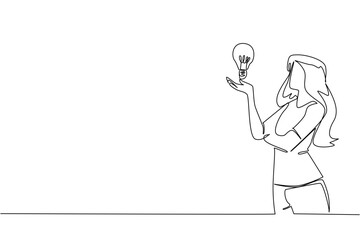 Single one line drawing a woman raises and opens palm with lightbulb floating above palm. Considering the best solution. Genius. National Creativity Day. Continuous line design graphic illustration