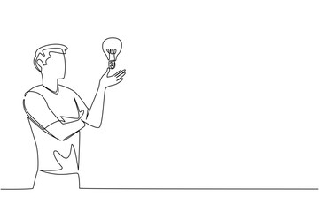 Continuous one line drawing a man raises and opens palm with lightbulb floating above palm. Measuring the best ideas to implement. National Creativity Day. Single line draw design vector illustration