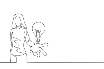 Continuous one line drawing a woman opens her palm and a light bulb floats above her palm. Offering out of the box solutions. National Creativity Day. Single line draw design vector illustration