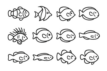 Fototapeta premium Tropical Fish Icons. Tropical fish. Line icon set of tropical fish: clownfish, angelfish, butterflyfish, parrotfish, lionfish, surgeonfish, tang, wrasse,