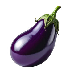 Shiny, deep purple eggplant isolated against a solid black background. The vegetable exhibits a smooth, glossy texture, with its green stem and calyx adding contrast.