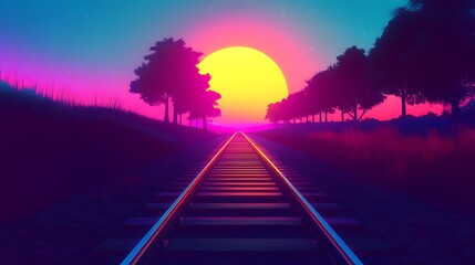 Retro sunset railway art neon vaporwave aesthetic wallpaper