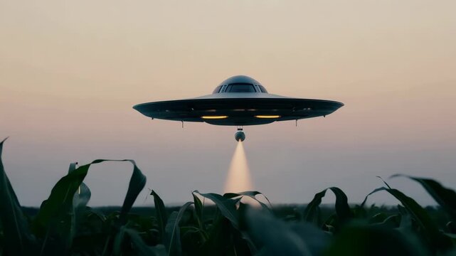 UFO Hovering Above Cornfield During Sunset with Bright Exhaust Flame