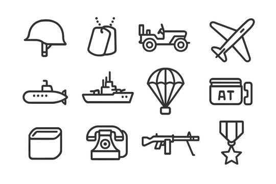 World War II Icons. World War II. Line icon set of World War II: helmet, dog tags, jeep, plane, submarine, battleship, parachute, ration tin, field phone,