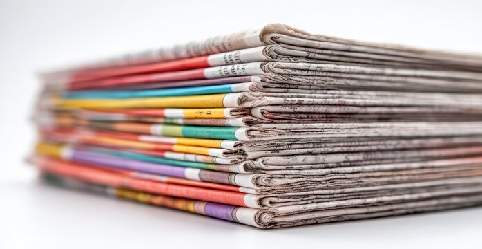 Close-up of a colorful stack of folded newspapers, showing vibrant edges against a white background
