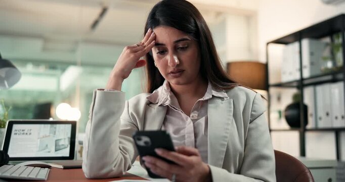 Stress, confused and phone with business woman in office for project glitch, fatigue and burnout. Anxiety, planning crisis and mental health with frustrated employee for proposal error and bokeh
