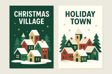 Obraz premium Christmas Village Banners. Two vertical A6 banners, flat vector design, green and white backgrounds, christmas village with houses, snow covered roofs, trees