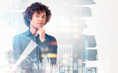 Young man thinking confidently in office environment, creative double exposure style with financial chart overlays on white background, concept of strategy
