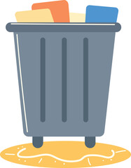 Modern Gray Trash Can Full Yellow Orange Blue Waste Flat Vector Illustration Garbage Disposal