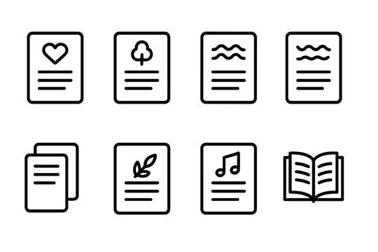 Poetry Icons Set. Outline icon set of poetry forms: sonnet, haiku, limerick, free verse, couplet, ode, ballad, epic. Line icons in only black color, consistent