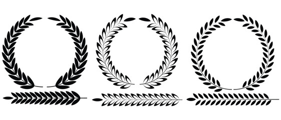 Laurel wreath icon vector. Set of wreaths and branches with leaves. Laurels wreaths, swirls, twigs and flower ornaments, certified, badge, trophy, award, winner round emblem, logo. Vector illustration
