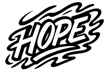 Hope in Urban Waves. Hope, bold urban hand lettering, streetstyle tone, surrounded by abstract waves, diagonal decorative composition, clean white background,