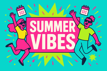 Summer Vibes Unleashed. Summer Vibes banner, flat vector illustration, bold oversized text inside rectangular frame, cartoon characters jumping with sunglasses